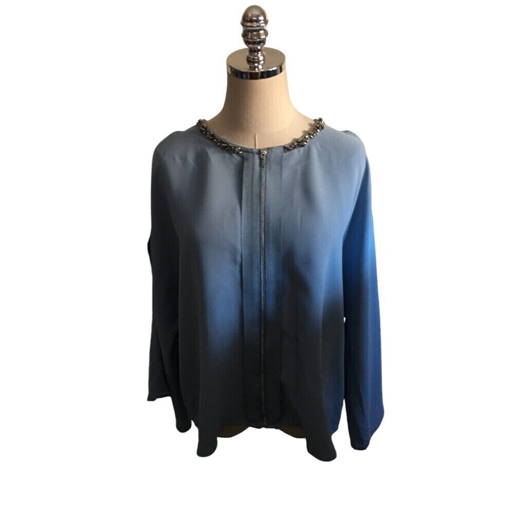 Chico's Top Women's Size Large Blue Zip Up Beads Slit Sleeve